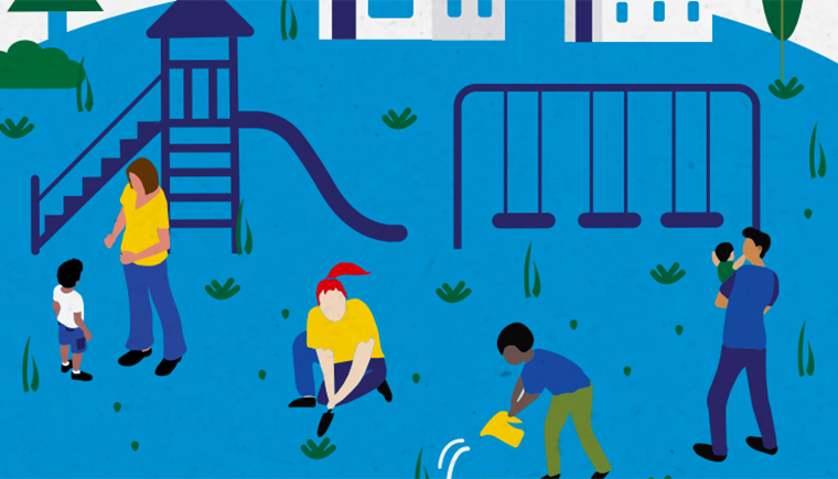 an illustration with kids and adults in a garden playground