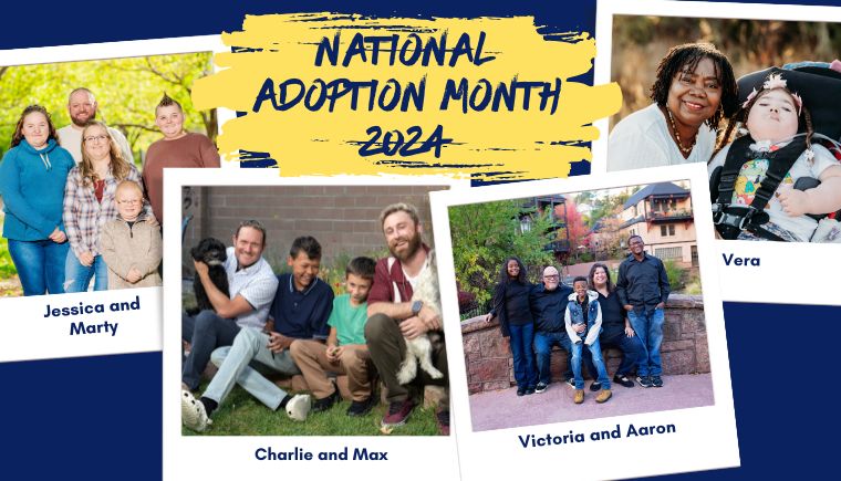 Collage of the four families being recognized for National Adoption Month.