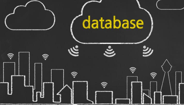 A graphic of a city skyline with a database cloud hovering above, sending signals to each building.