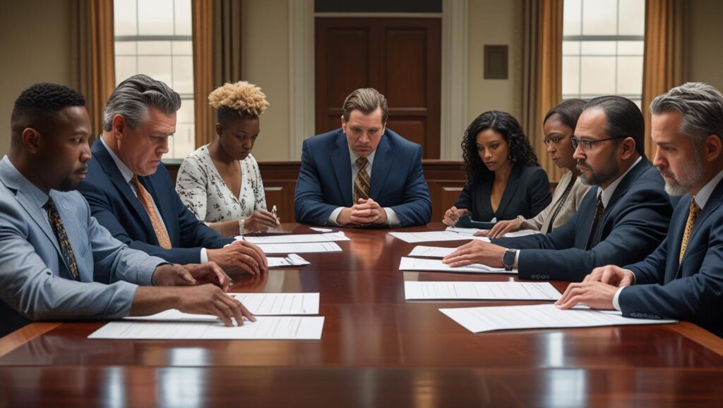 Diverse group of seven people sit at a wooden table with paperwork in front of them.