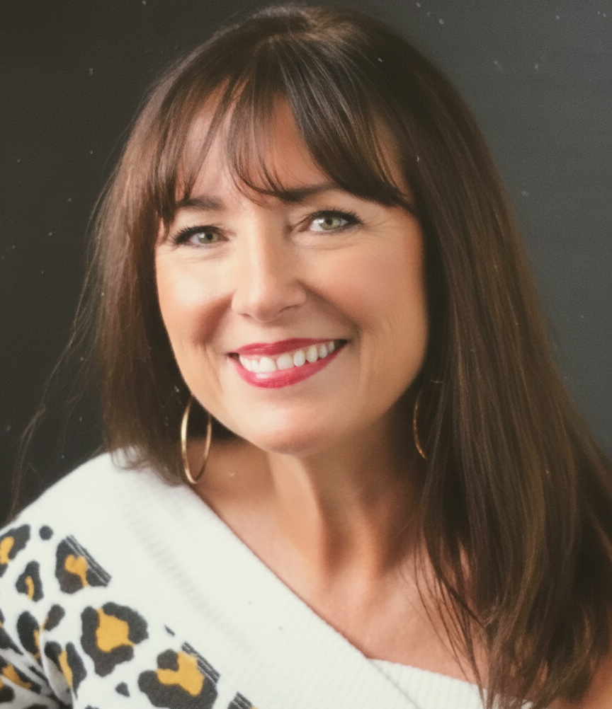 A smiling woman with long brown hair and bangs wearing a leopard-print sweater and gold hoop earrings poses against a dark background.