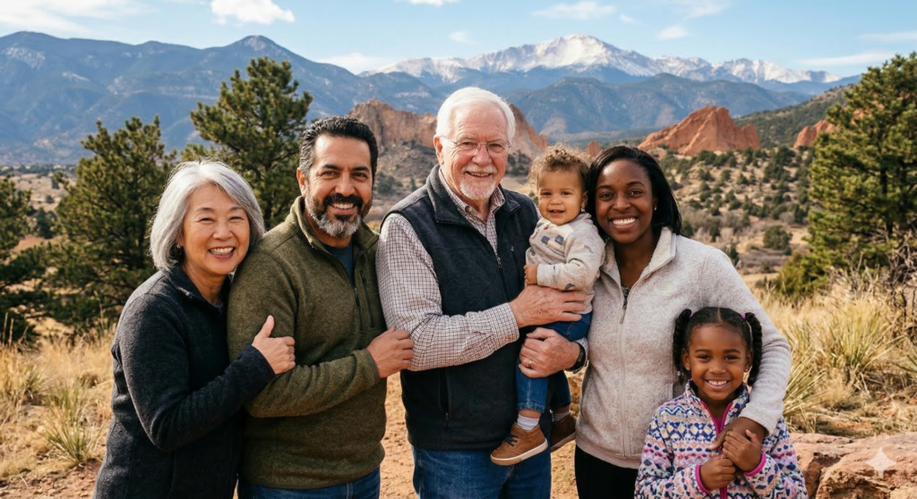 Diverse group of Coloradoans of all ages standing in the mountains.