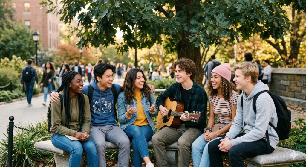 A diverse group of six smiling teenagers sits together on a park bench, laughing and talking while one boy plays an acoustic guitar.