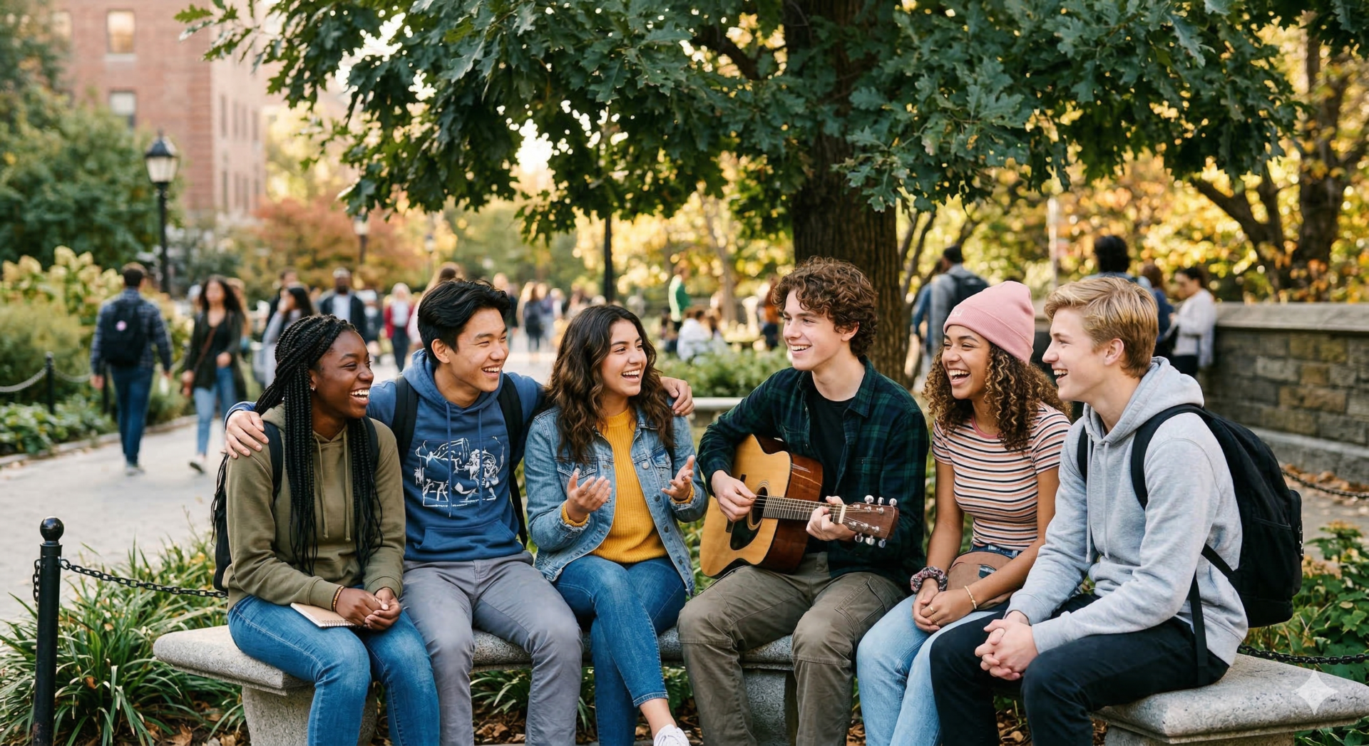 A diverse group of six smiling teenagers sits together on a park bench, laughing and talking while one boy plays an acoustic guitar.