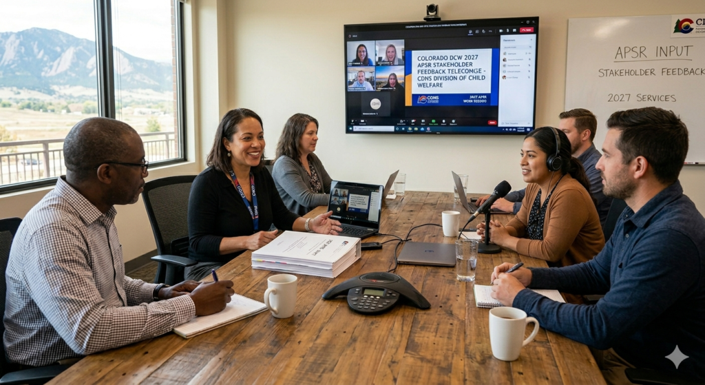 Six people sit around a table with more people on a television screen behind them.