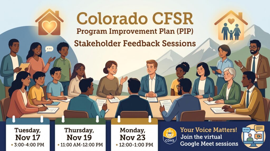 Illustrative banner for Colorado CFSR feedback sessions featuring community members around a table with a home icon, Rocky Mountains, and call dates.
